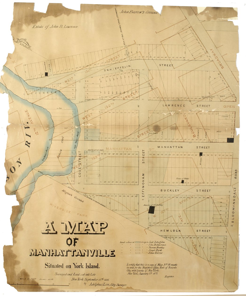 Mapa Manhattanville na Wyspie York zbadana i rozłożona na parcele przez Adolphusa Loss, 1806 (Pióro i atrament (czarny i kolorowy), akwarela na papierze; oprawiona na tkaninie) autorstwa American School