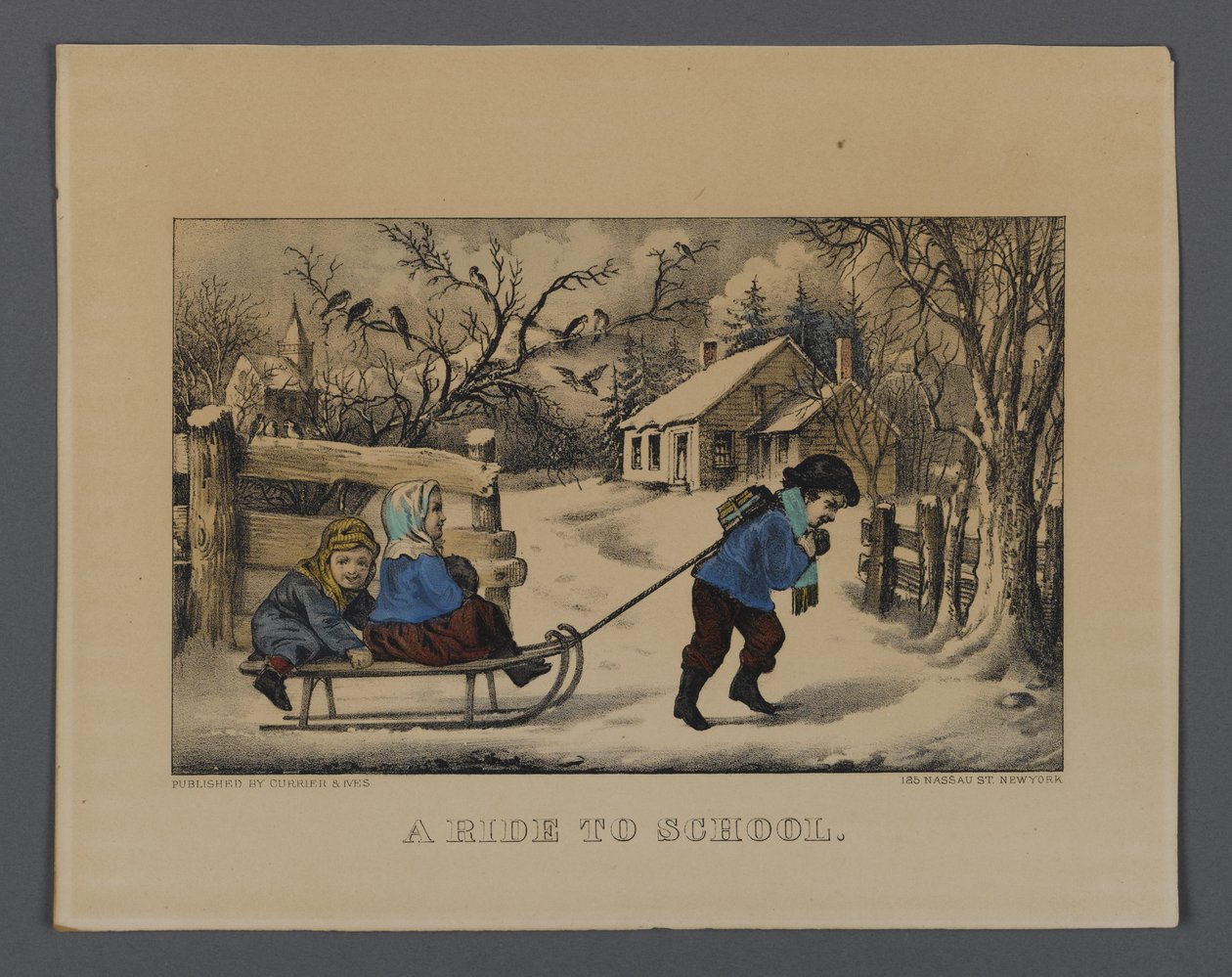 A Ride to School, wyd. Currier & Ives, Nowy Jork (ręcznie kolorowana litografia) autorstwa American School