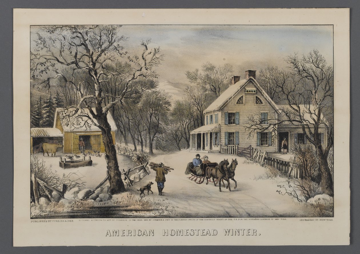 American Homestead in Winter, wyd. Currier & Ives, Nowy Jork, 1868-69 (litografia ręcznie kolorowana) autorstwa American School