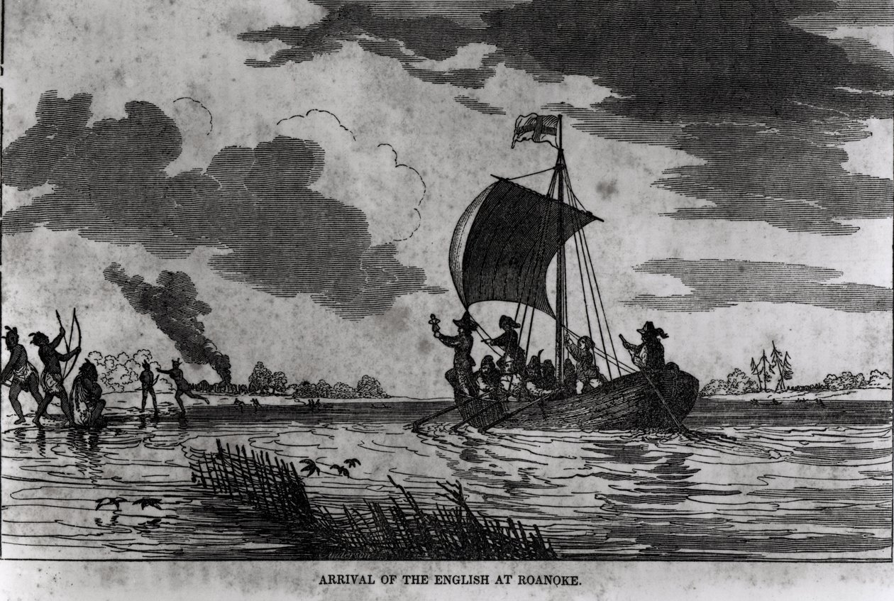 Przybycie Anglików do Roanoke, 1587, z „Narrative and Critical History of America” Justina Winsora, 1831 autorstwa American School