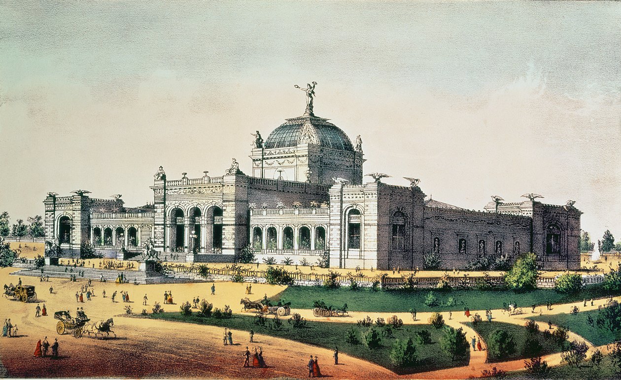 Galeria Sztuki, Wielka Wystawa Stulecia Stanów Zjednoczonych, Fairmount Park, Filadelfia, 1876, wyd. przez Currier und Ives autorstwa American School