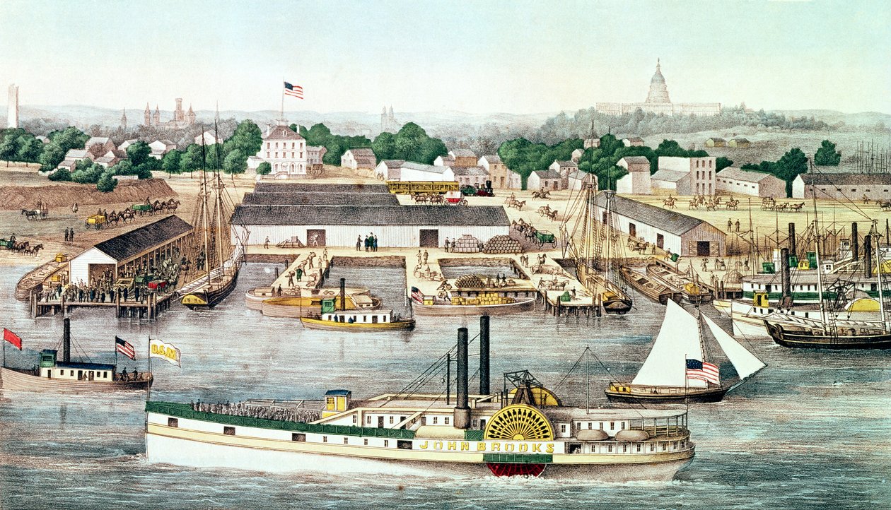 Widok z lotu ptaka na Sixth Street Wharf, Washington D.C, opublikowany przez Charlesa Magnusa, 1863 autorstwa American School