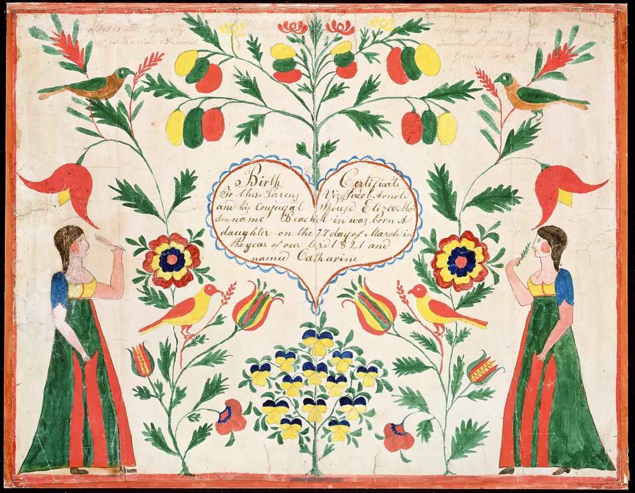 Akt urodzenia, 1821 (pióro i atrament i toaleta na papierze) autorstwa American School