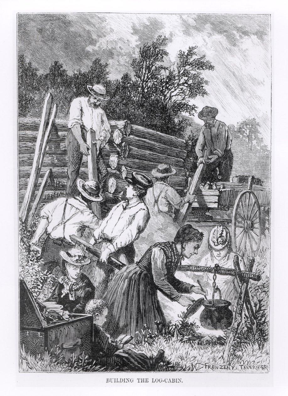 Budowa Log-Cabin, grawerowane przez Charlesa Mauranda autorstwa American School