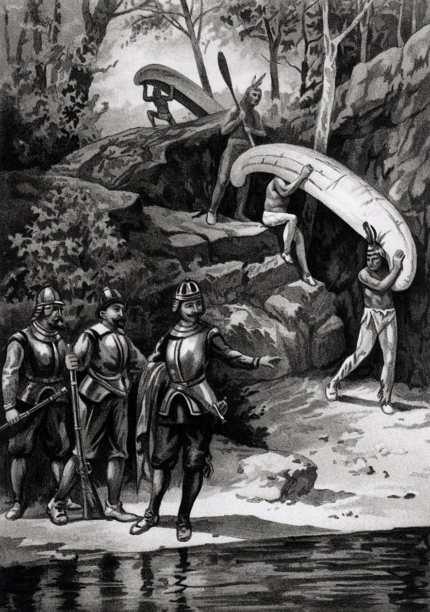 Champlain Exploring the Canadian Wilderness, 1603, z „Kontynent amerykański i jego mieszkańcy przed odkryciem przez Kolumba”, Anne C. Cady, 1893 autorstwa American School