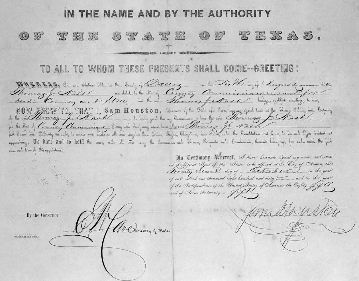 Akt podpisany przez Sama Houstona (1793-1863) 1860 autorstwa American School