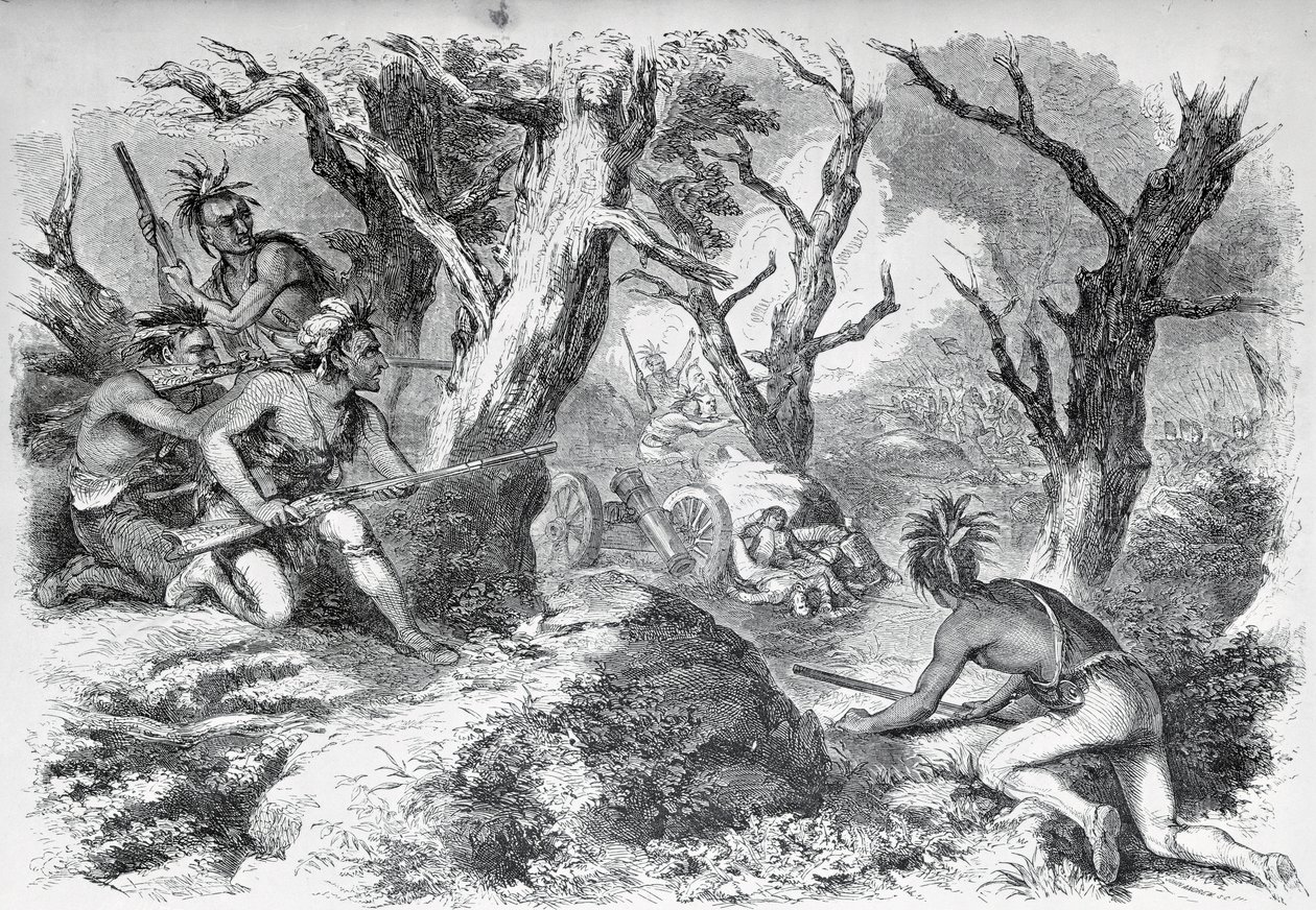 Klęska generała Braddocka, w wojnie francusko-indyjskiej, w Wirginii, 1755, z „Ballou