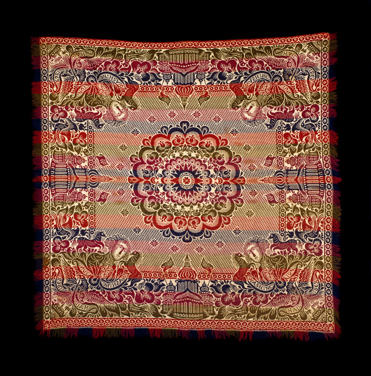 Narzuta o podwójnym splocie, wyprodukowana przez Lancaster Carpet, Coverlet, Quilt and Yarn Manufacturing, 1869 (bawełna i wełna) autorstwa American School