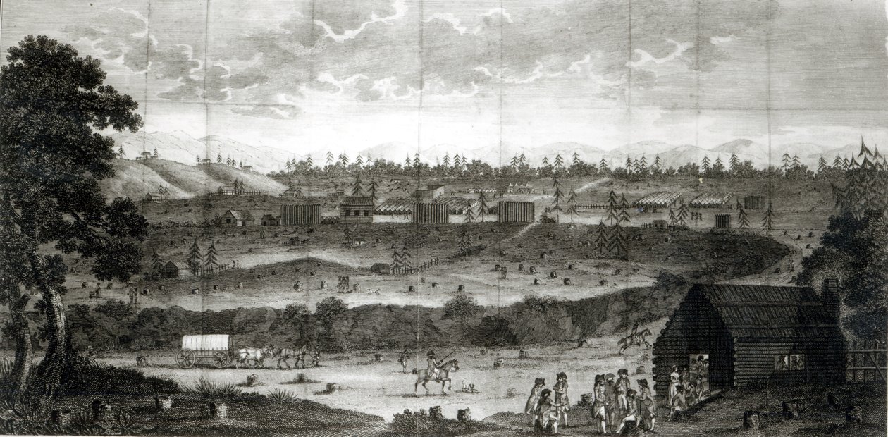 Obozowisko Armii Konwentu, z "Podróży po wewnętrznych częściach Ameryki", autorstwa T. Anbury 1789 autorstwa American School