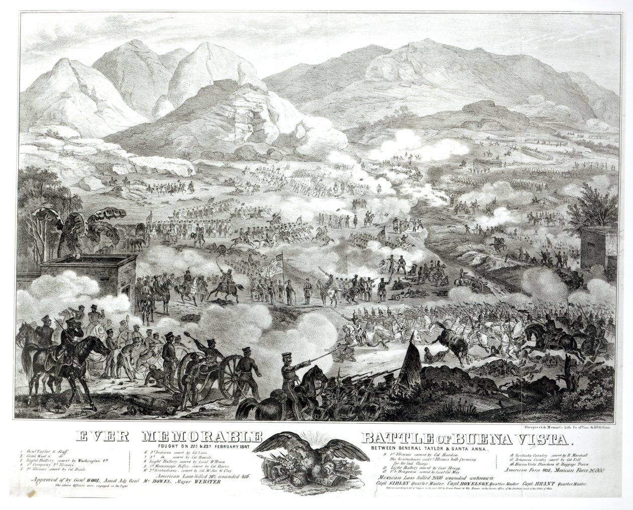 Niezapomniana bitwa pod Buena Vista, stoczona 22 i 23 lutego 1847 roku, pomiędzy generałem Taylorem a Santa Anną autorstwa American School