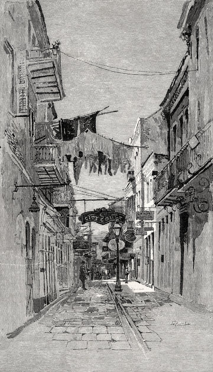 Exchange Alley patrząc w kierunku Canal Street w Nowym Orleanie, z „The Century Illustrated Monthly Magazine”, od maja do października 1883 r. autorstwa American School