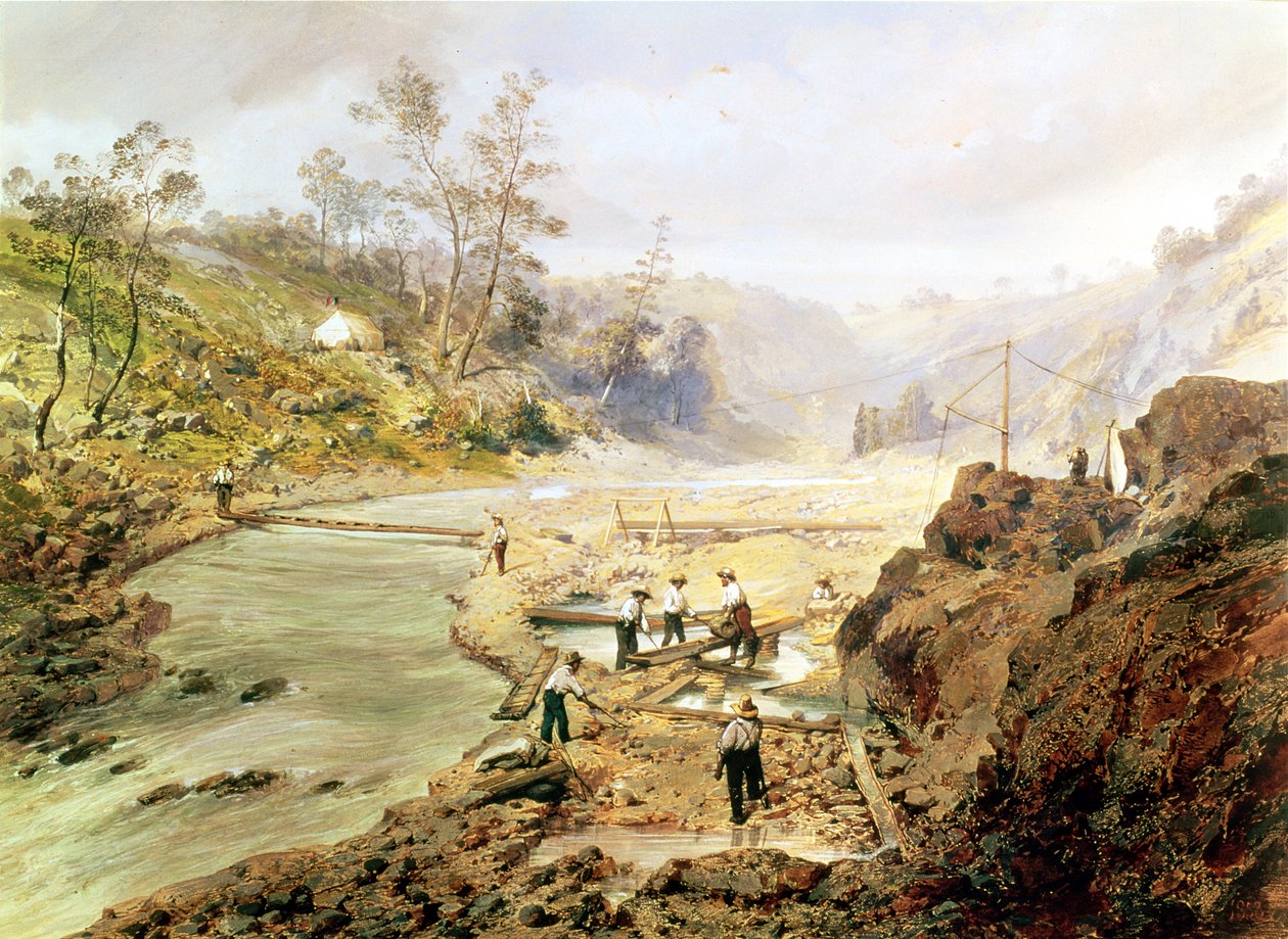 „Czterdzieści dziewiątek” myjące złoto z rzeki Calaveras, Kalifornia, 1858 r. autorstwa American School