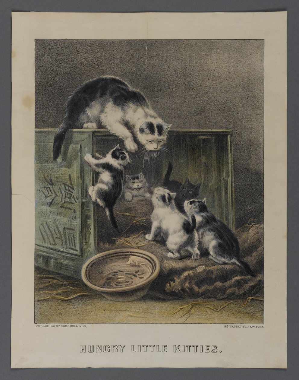 Hungry Little Kitties, wyd. Currier & Ives, Nowy Jork (ręcznie kolorowana litografia) autorstwa American School