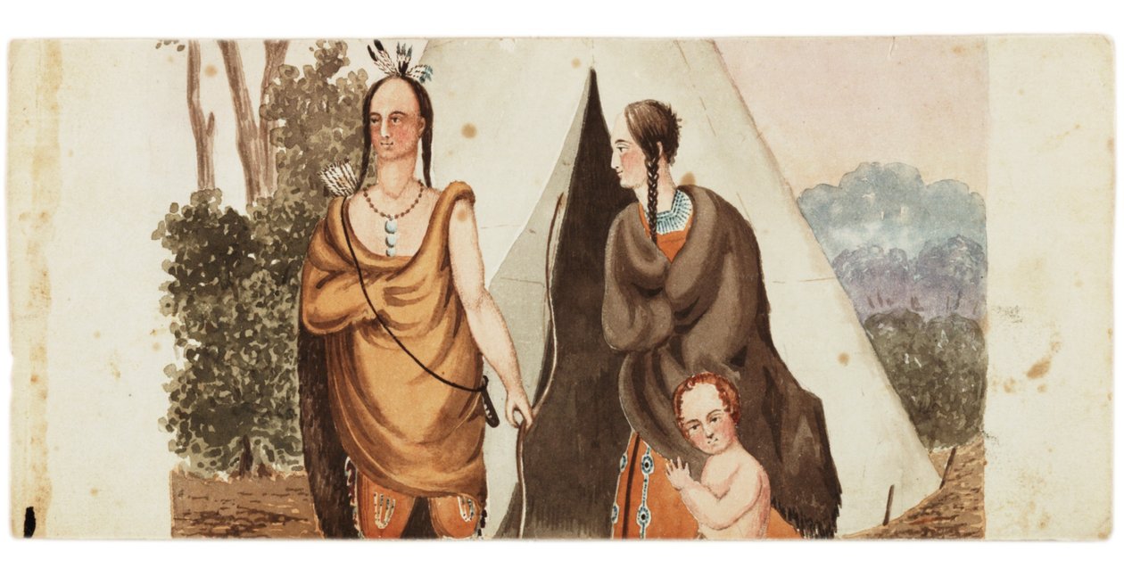 Indyjska rodzina siedząca na zewnątrz tipi, ok. 1849 r. autorstwa American School