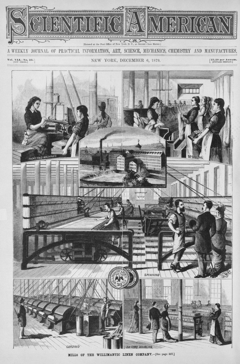 Młyny firmy lniarskiej Willimantic, ilustracja z „Scientific American” 6 grudnia 1879 r. autorstwa American School