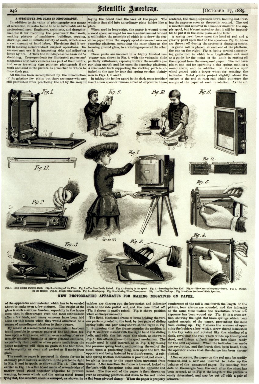 Nowy aparat fotograficzny do wykonywania negatywów na papierze, z "Scientific American", 17 października 1885 r. autorstwa American School