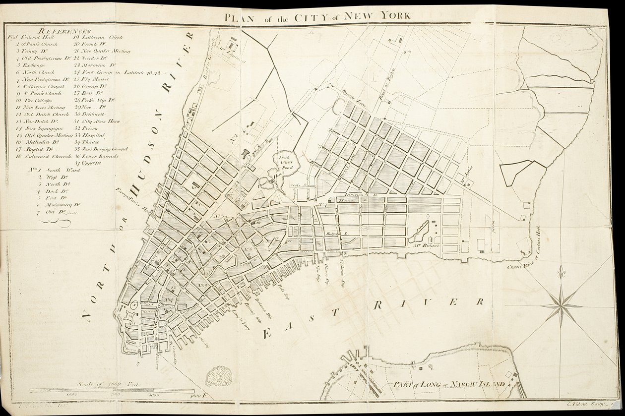 Plan miasta Nowy Jork, rytowany przez Tiebout, 1789 (rycina, tusz na papierze) autorstwa American School