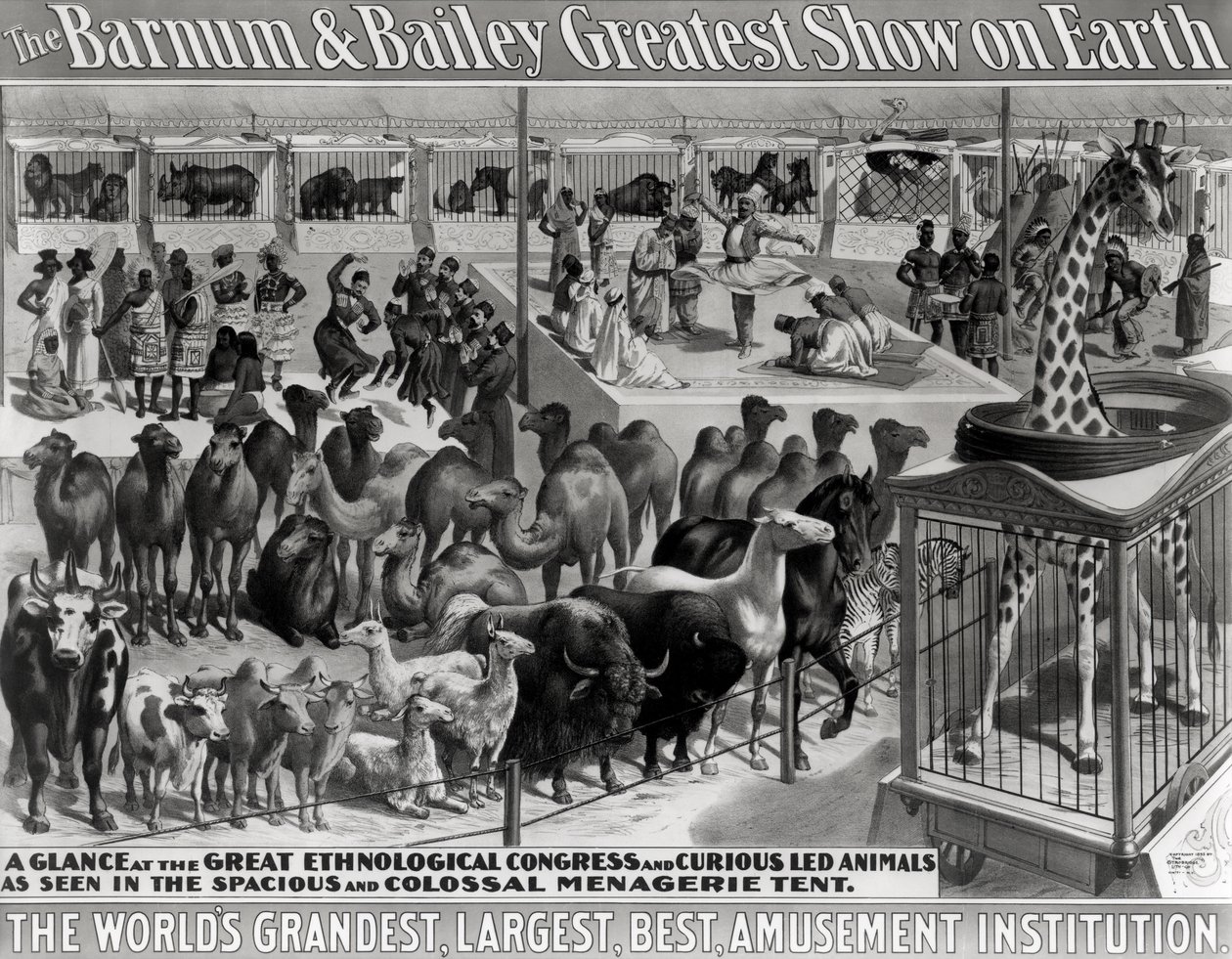 Reklama plakatowa, „The Barnum and Bailey Greatest Show on Earth, najwspanialsza, największa, najlepsza instytucja rozrywkowa na świecie”, c.1895 autorstwa American School
