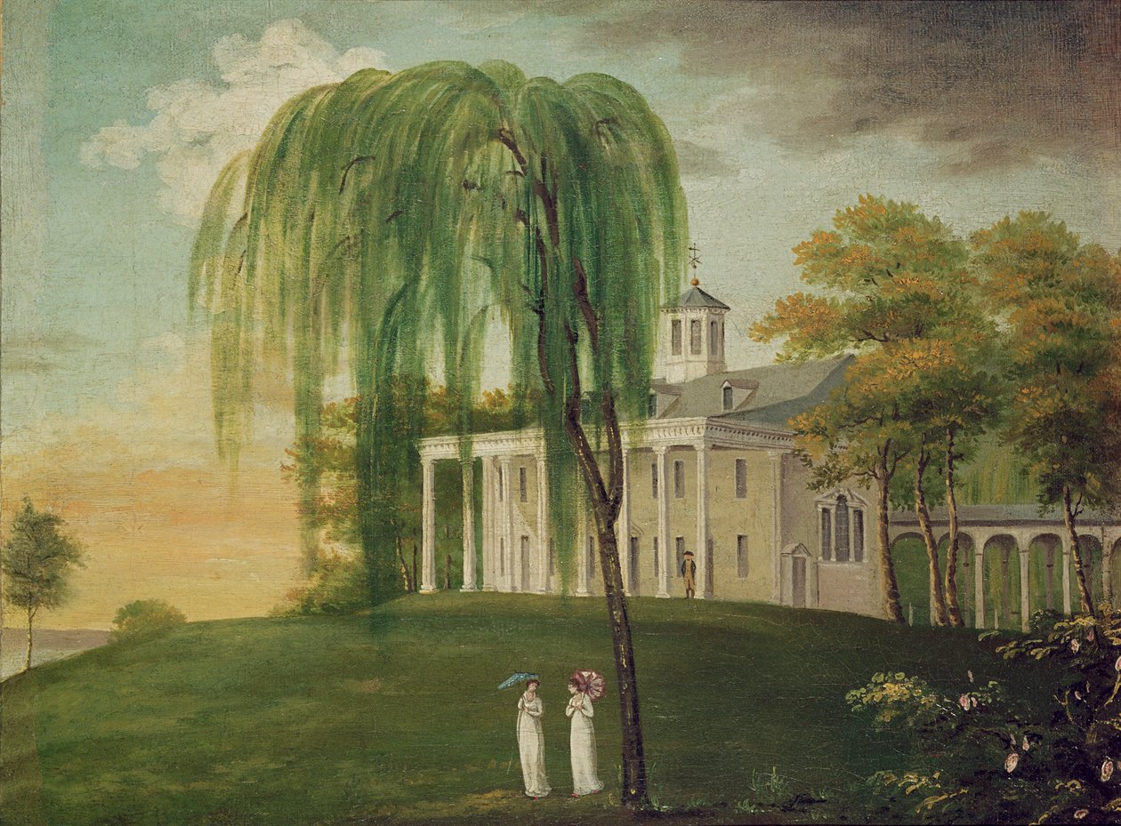 Prezydent George Washington (1732-99) na ganku swojego domu w Mount Vernon autorstwa American School