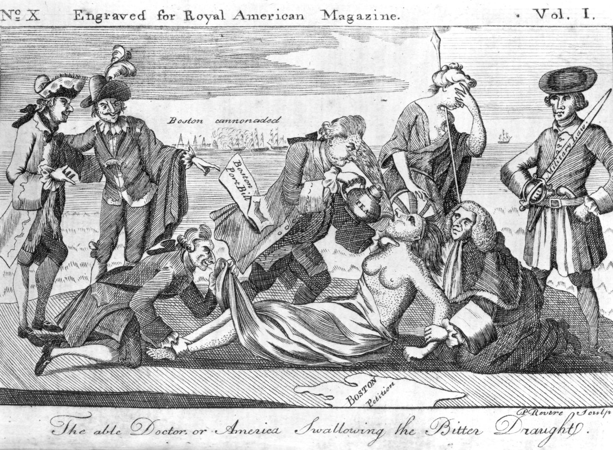 The Able Doctor lub America Swallowing the Bitter Draught, grawerowane przez Paula Revere (1735-1818) dla „Royal American Magazine”, czerwiec 1774 autorstwa American School