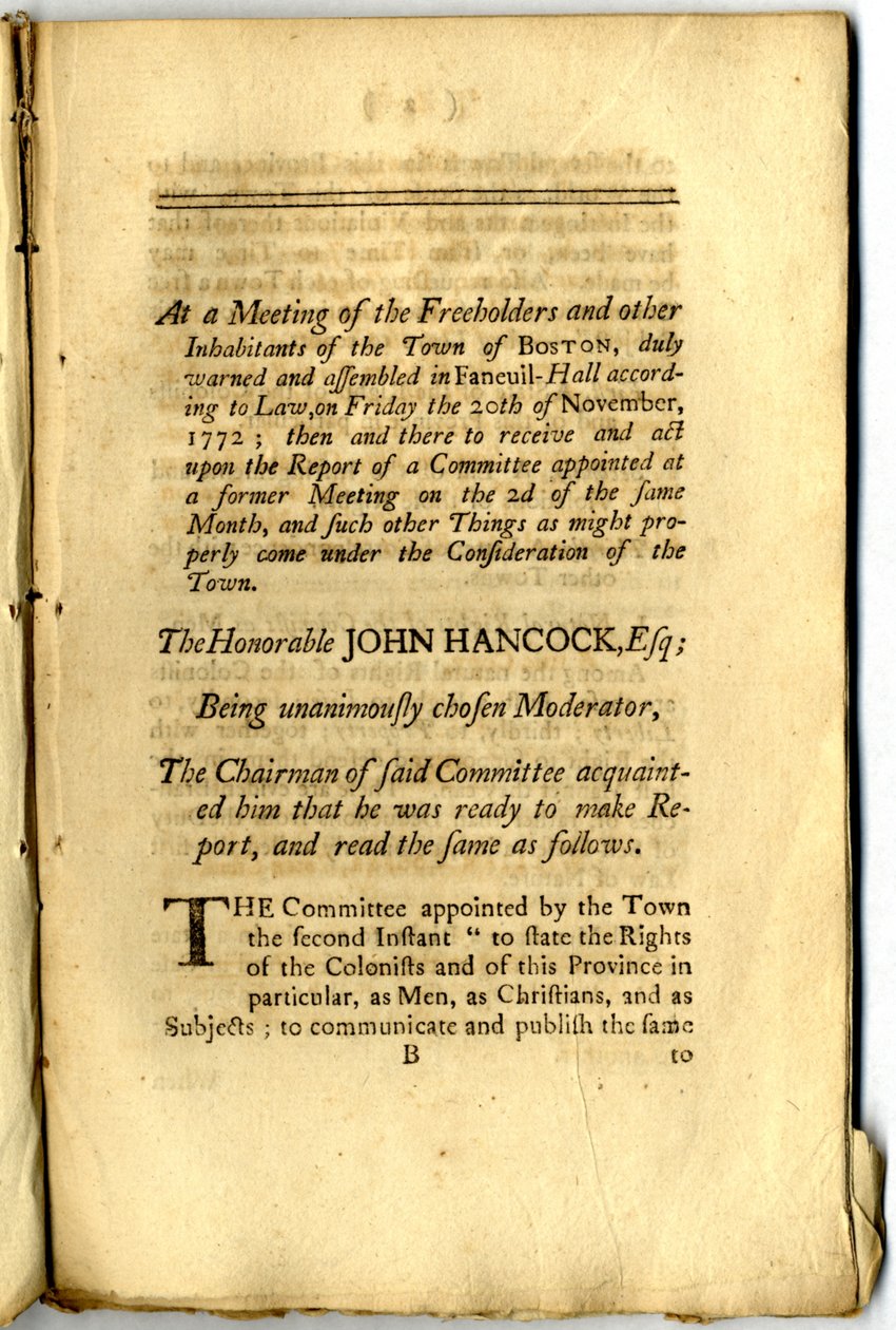 „Boston Pamflet”: Głosy i postępowanie właścicieli i innych mieszkańców miasta Boston, podczas zebrania miasta, 1772 autorstwa American School