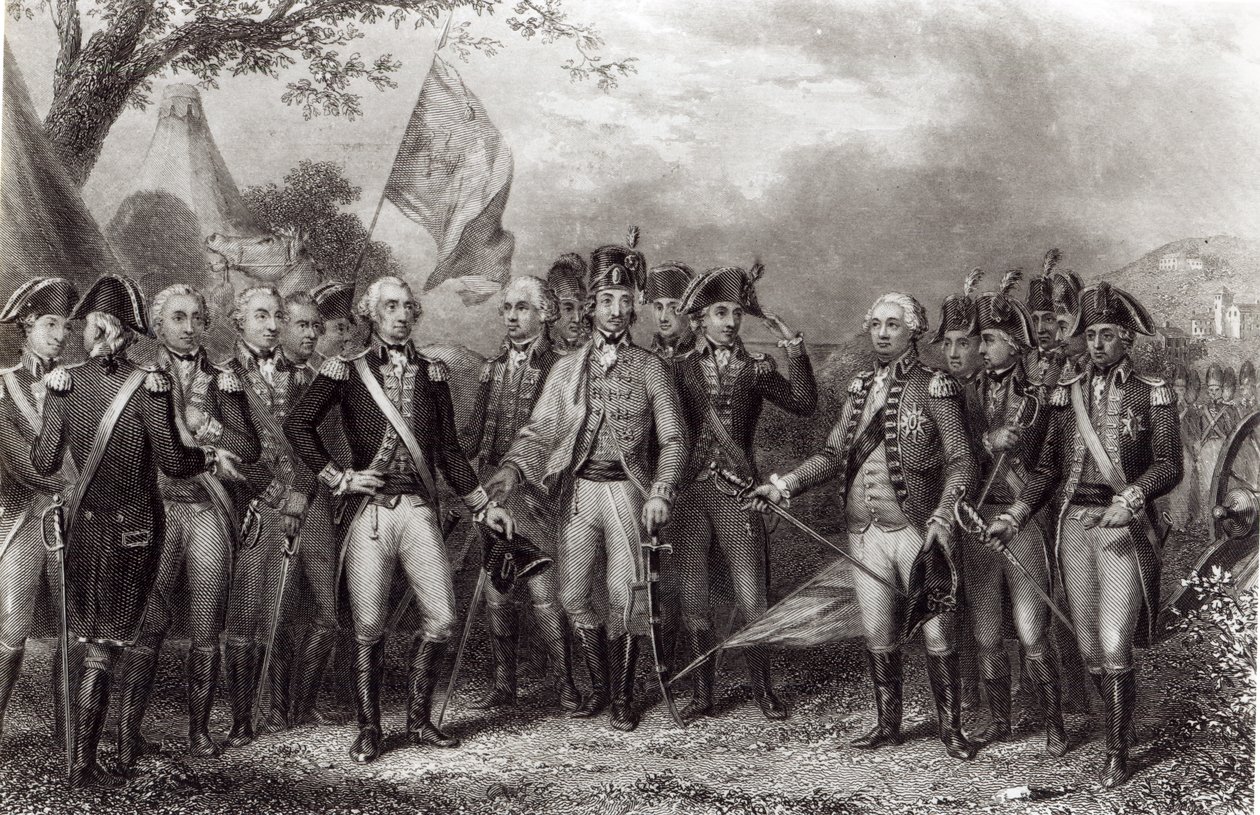 Brytyjczycy poddający broń generałowi Waszyngtonowi, 19 października 1781 r., rycina J. Stephenson autorstwa American School