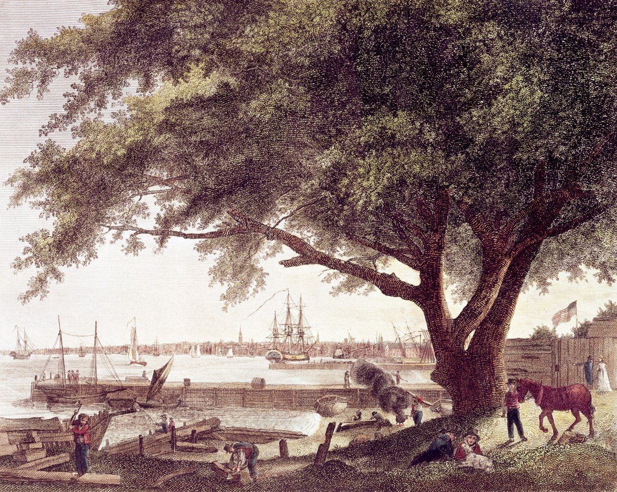 Miasto i port w Filadelfii, nad rzeką Delaware, z Kensington, 1800 autorstwa American School