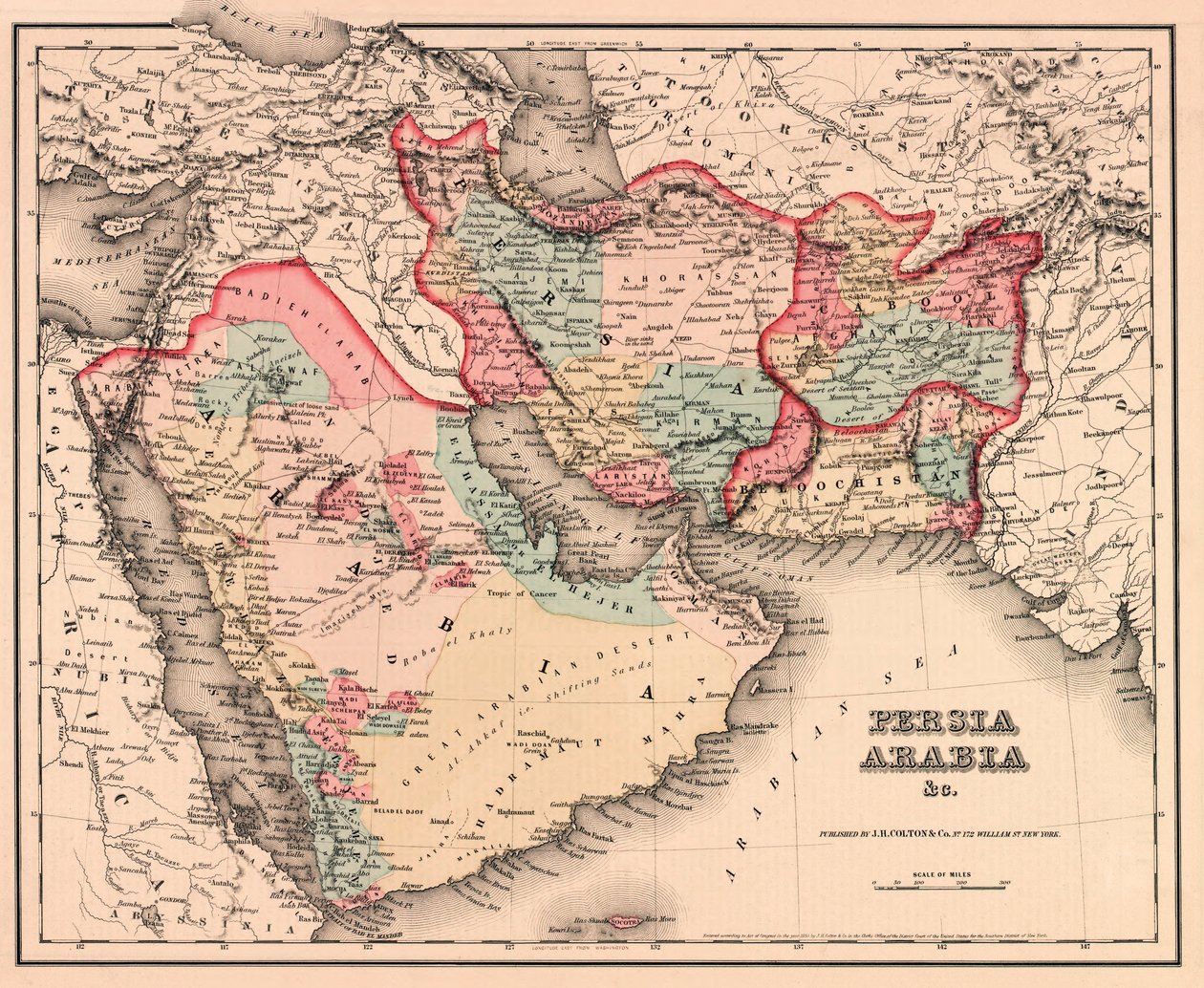 Bliski Wschód w połowie XIX wieku, z Coltons General Atlas, wydanie z 1857 r. (rycina ręcznie kolorowana) autorstwa American School
