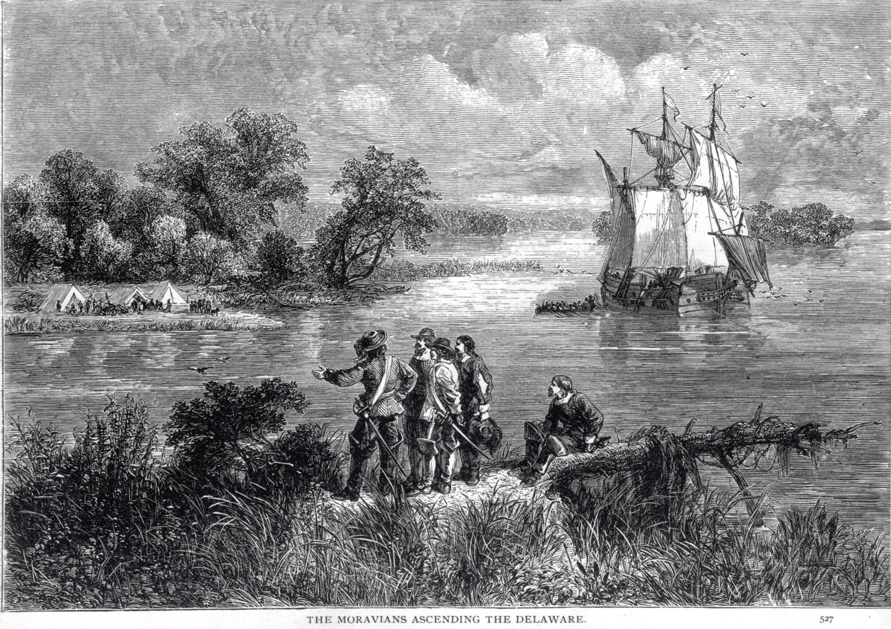 The Moravians Ascending the Delaware, z „Romansu i tragedii życia pionierskiego”, Augusta L. Masona, 1883 autorstwa American School