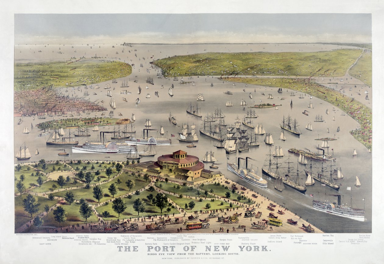 Port w Nowym Jorku: widok z lotu ptaka z baterii, patrząc na południe, pub. 1878 (litografia kolorowa) autorstwa American School