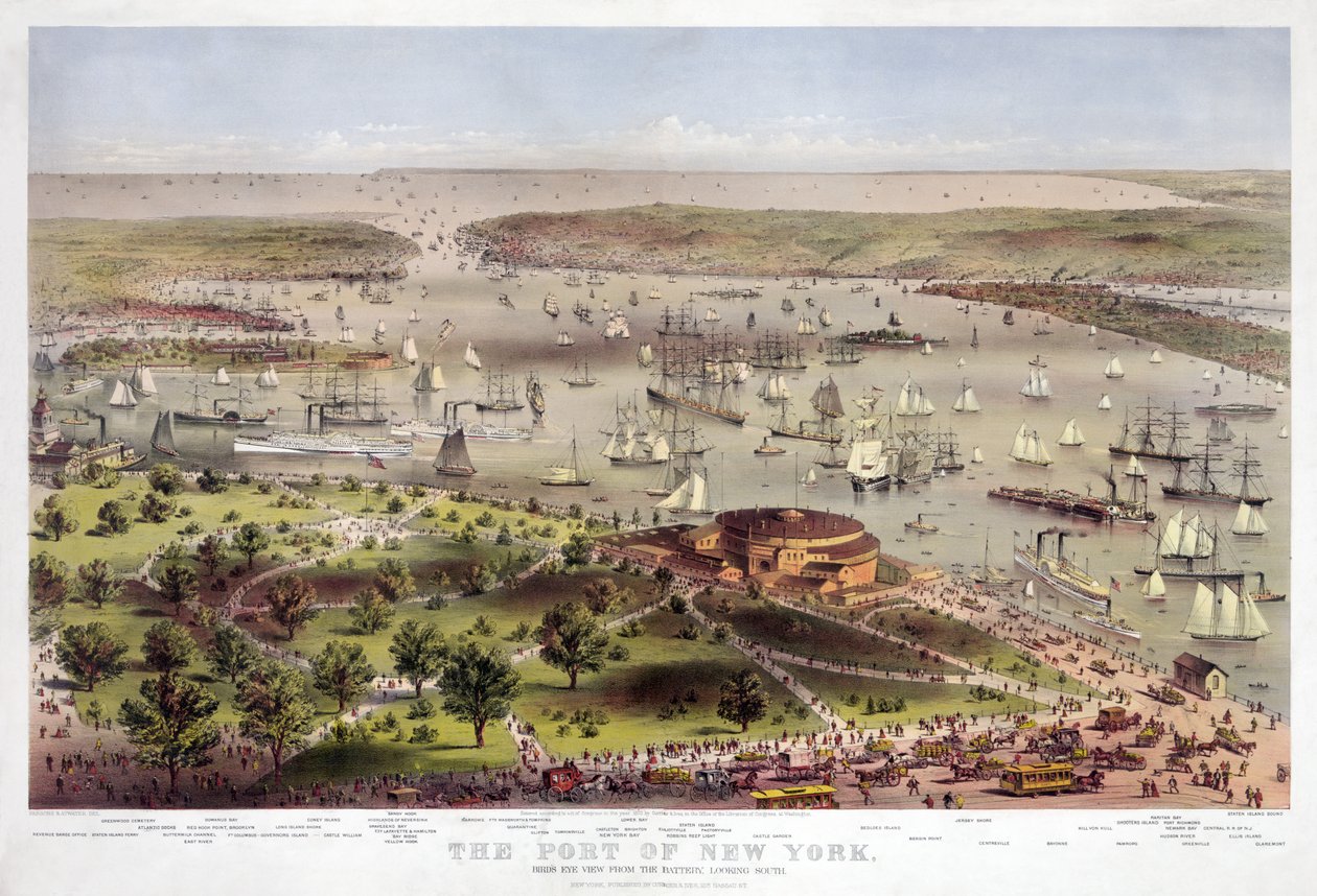 Port w Nowym Jorku: widok z lotu ptaka z baterii, patrząc na południe, pub. 1862 (litografia kolorowa) autorstwa American School