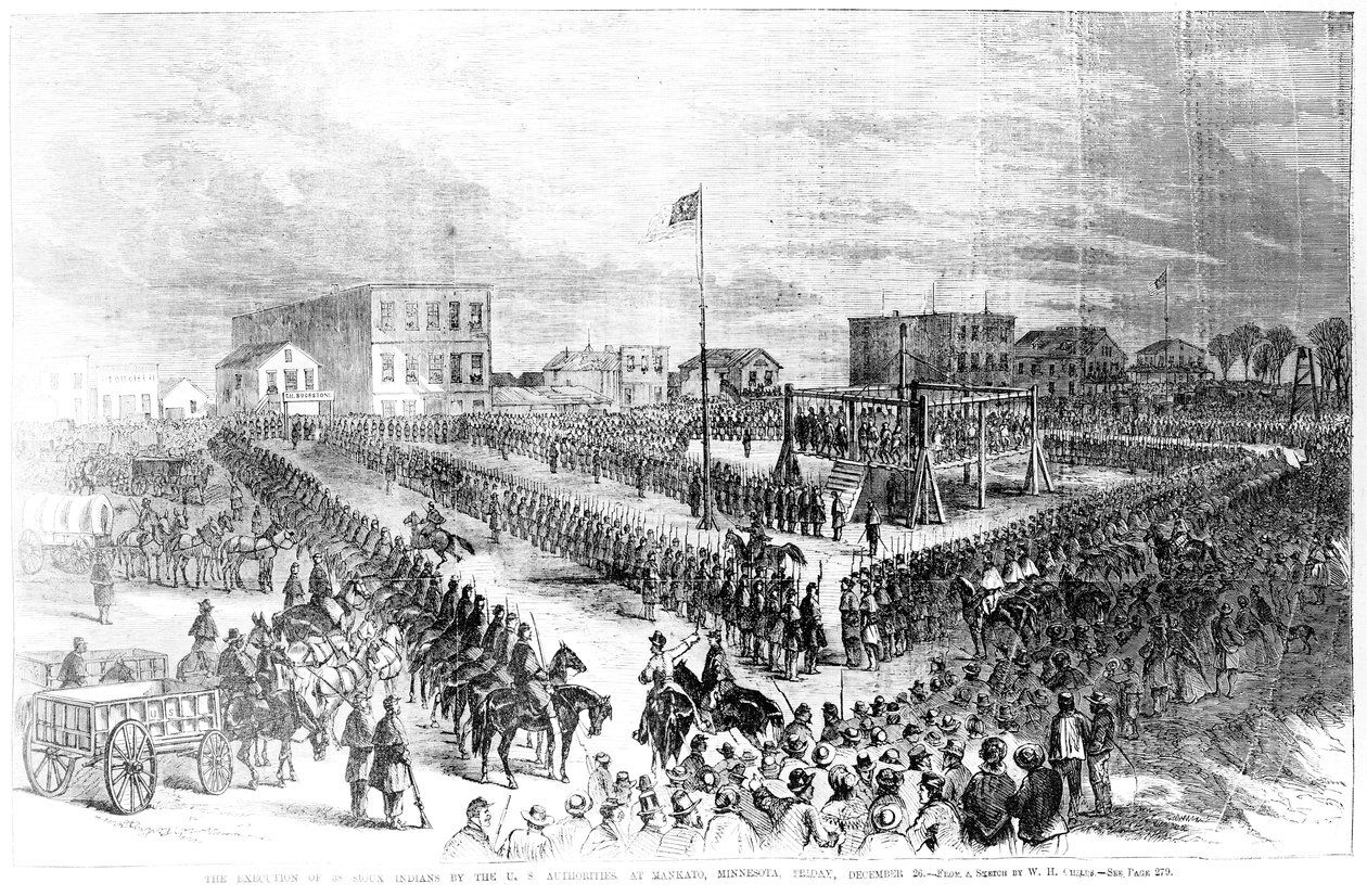 Egzekucja Indian Siuksów przez władze USA w Mankato w Minnesocie w piątek 26 grudnia 1862, z Frank Leslies Illustrated Newspaper, 24 stycznia 1863 autorstwa American School