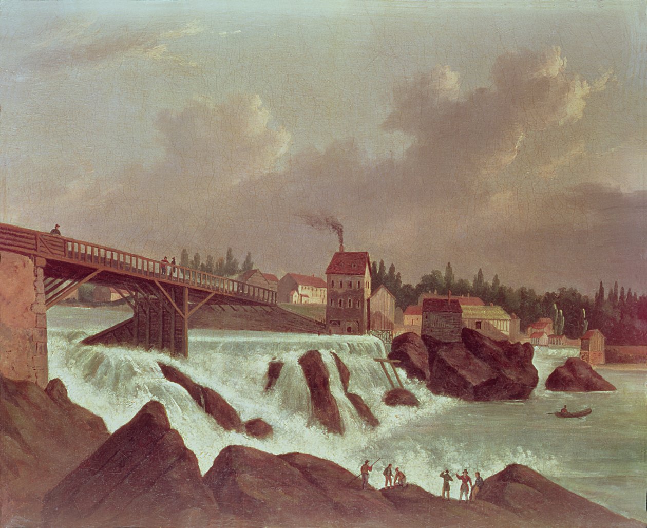 Pierwsza przędzalnia bawełny w Ameryce, założona przez Samuela Slatera nad rzeką Blackstone w Pawtucket, Rhode Island, ok. 1790 r. autorstwa American School