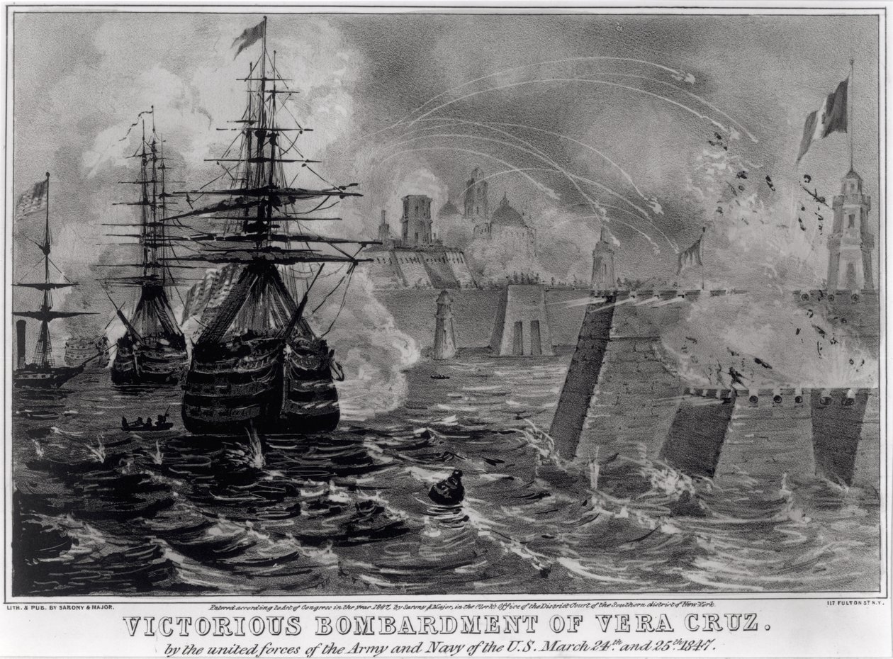 Zwycięskie bombardowanie Vera Cruz przez Zjednoczone Siły Armii i Marynarki Wojennej USA, 24 i 25 marca 1847, wyd. przez Sarony und Major, 1847 autorstwa American School
