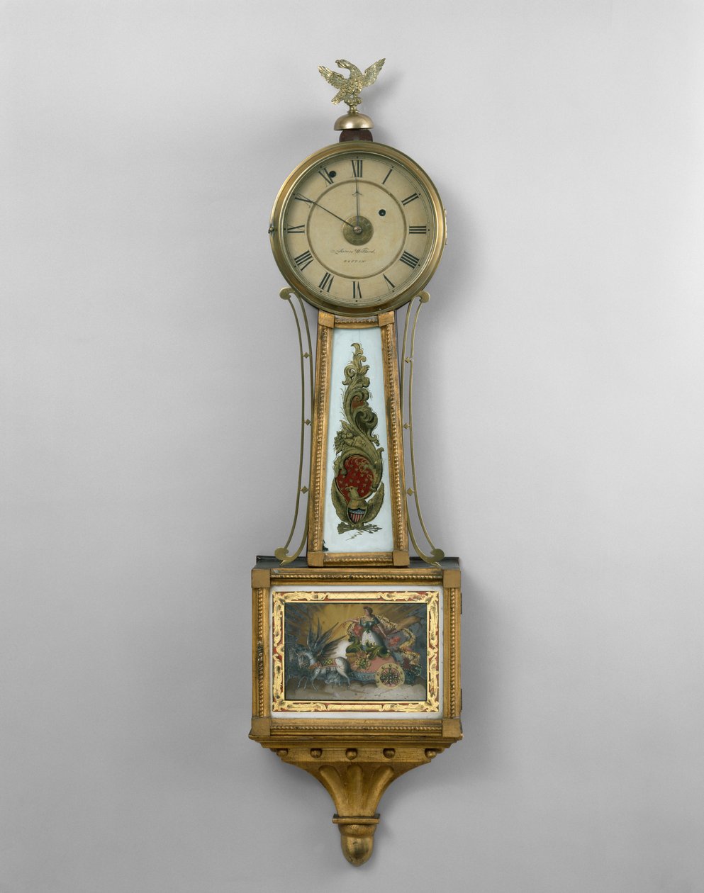 Zegar ścienny, ze sklepu Aarona Willarda Sr. lub Aarona Williama Jr., Boston, 1802-30 (złocona sosna wschodnia, drewno bazowe, mahoń i czarna wiśnia) autorstwa American School