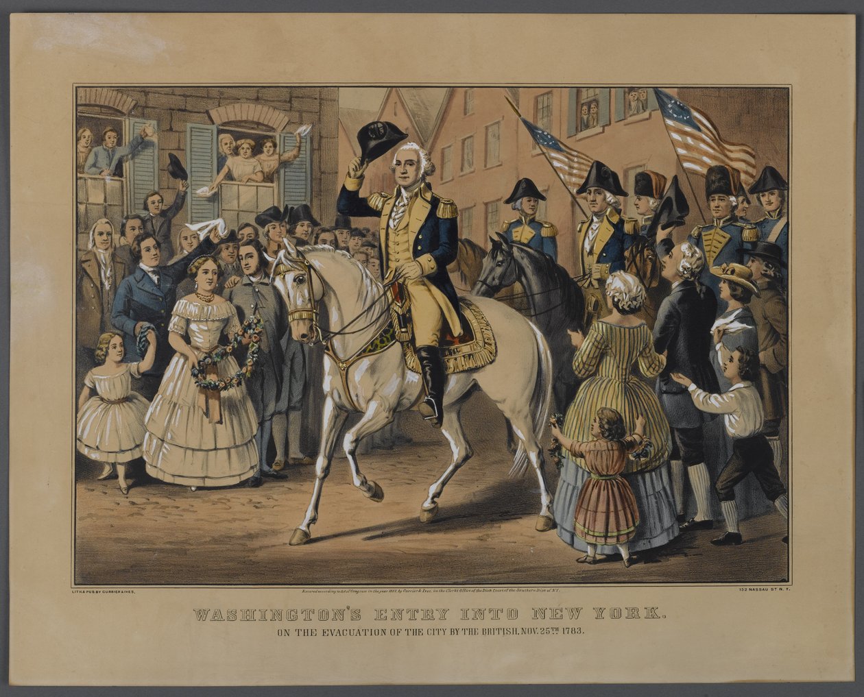 Washingtons Entry into New York, wyd. Currier & Ives, New York, 1857 (ręcznie kolorowana litografia) autorstwa American School