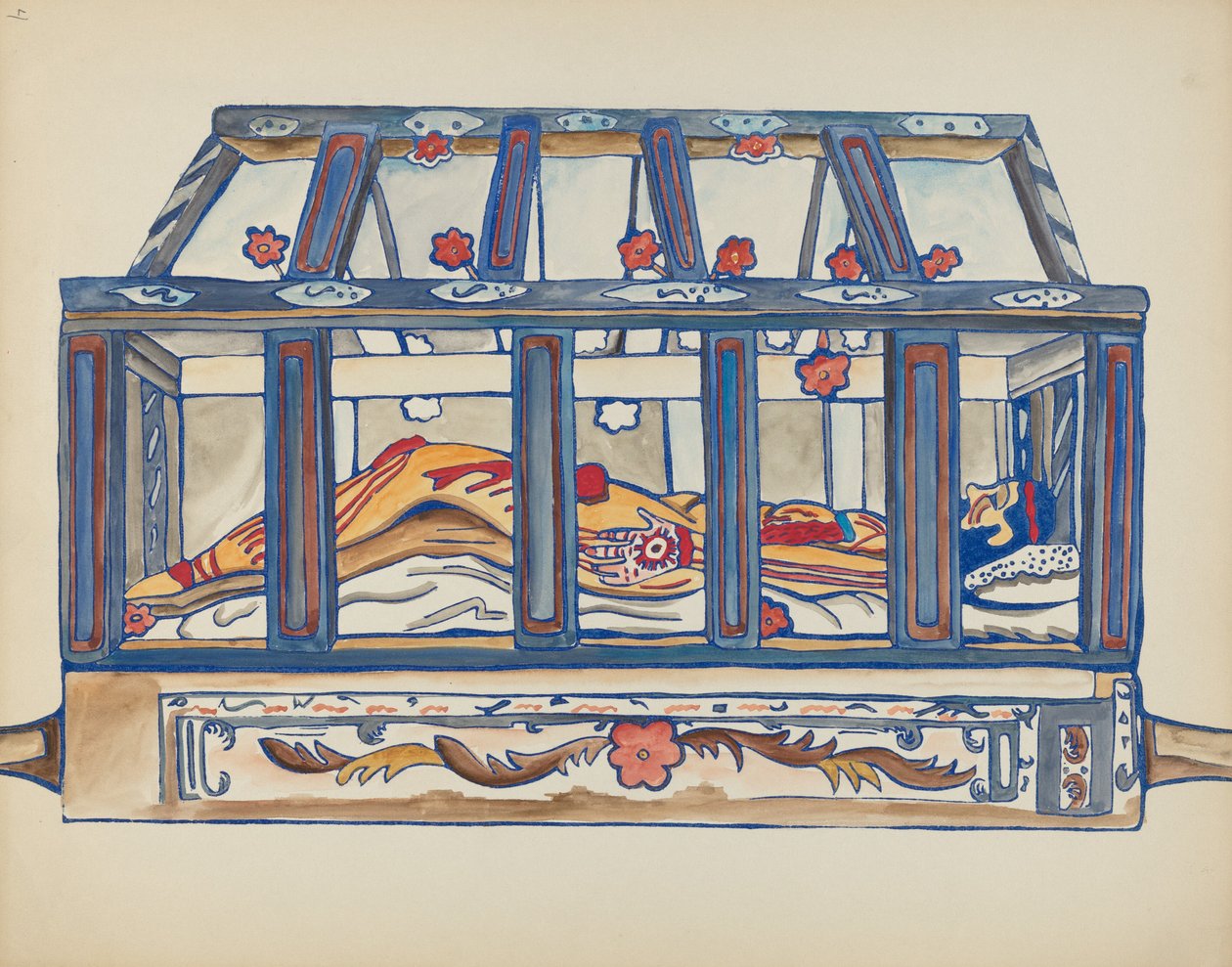 Tablica 4: Chrystus w grobie: Z portfolio "Hiszpańskie wzory kolonialne Nowego Meksyku" autorstwa American 20th Century