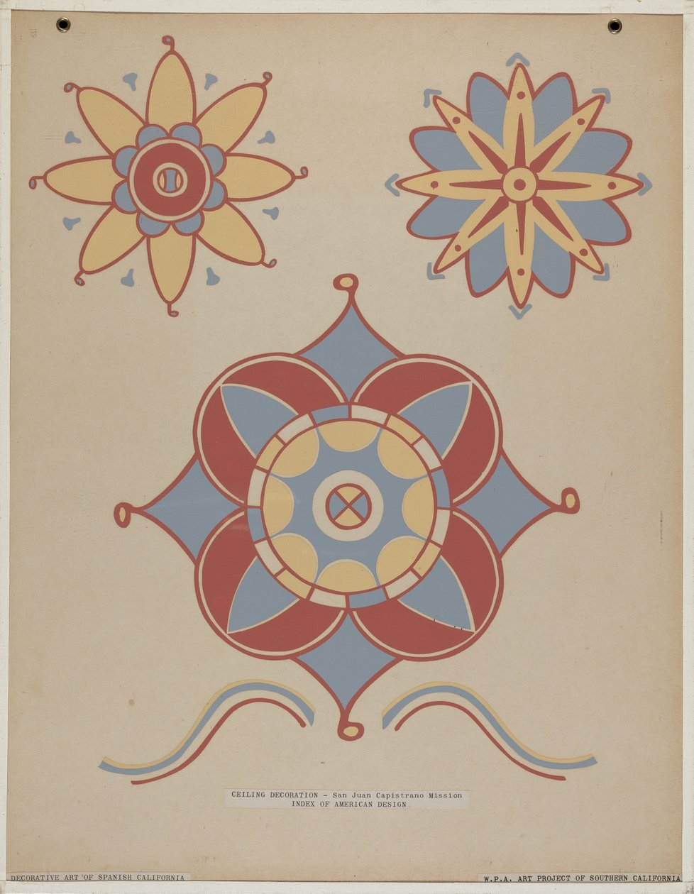 Dekoracja sufitowa misji San Juan Capistrano z portfolio "Sztuka dekoracyjna hiszpańskiej Kalifornii" autorstwa American 20th Century
