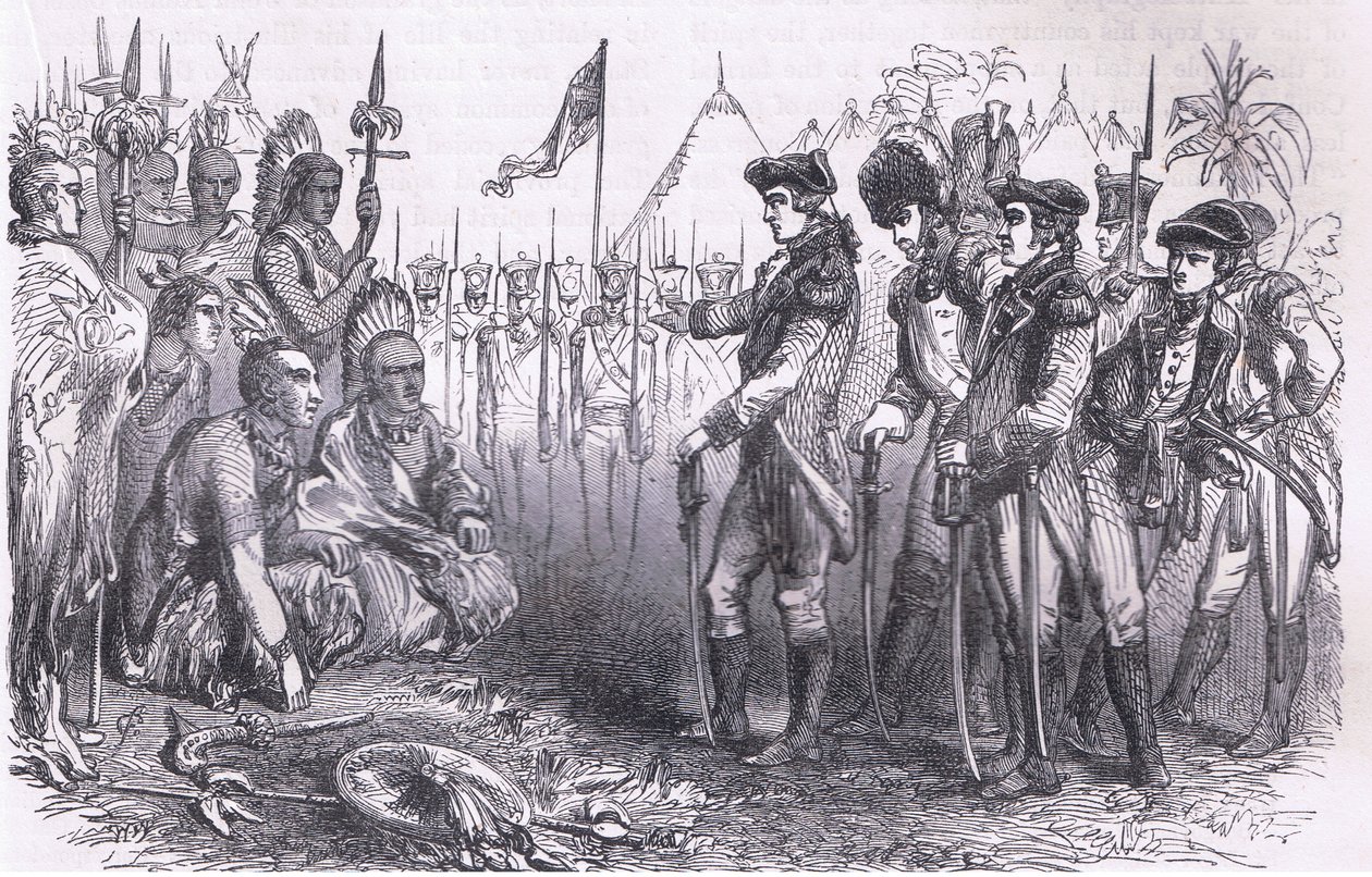 Generał Burgoyne przemawiający do Indian, ilustracja z Cassells History of the United States wydana przez Cassell, Petter & Galpin, c.1900 (litografia) autorstwa American English school