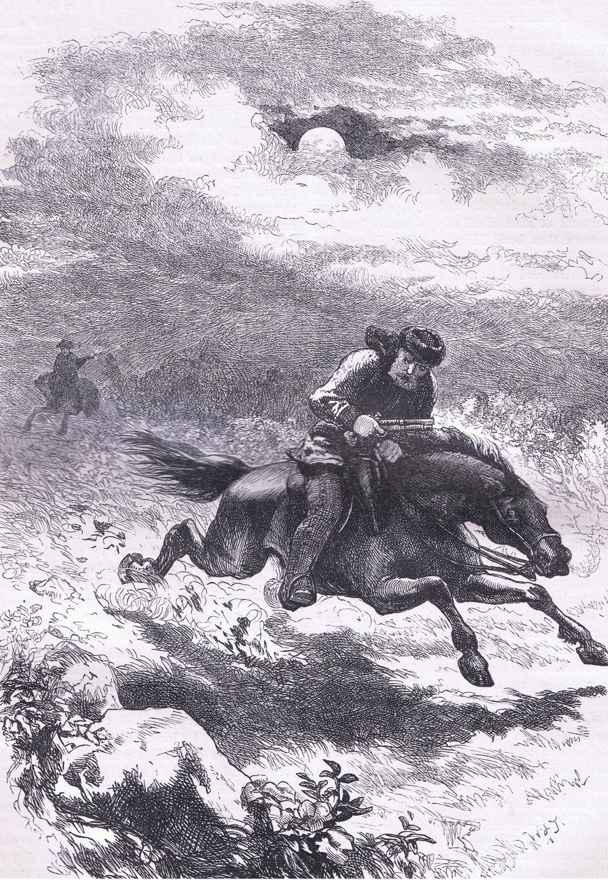 Pogoń za harcerzem Paul Revere, ilustracja z Cassells History of the United States wydana przez Cassell, Petter & Galpin, ok. 1900 (litografia) autorstwa American English school