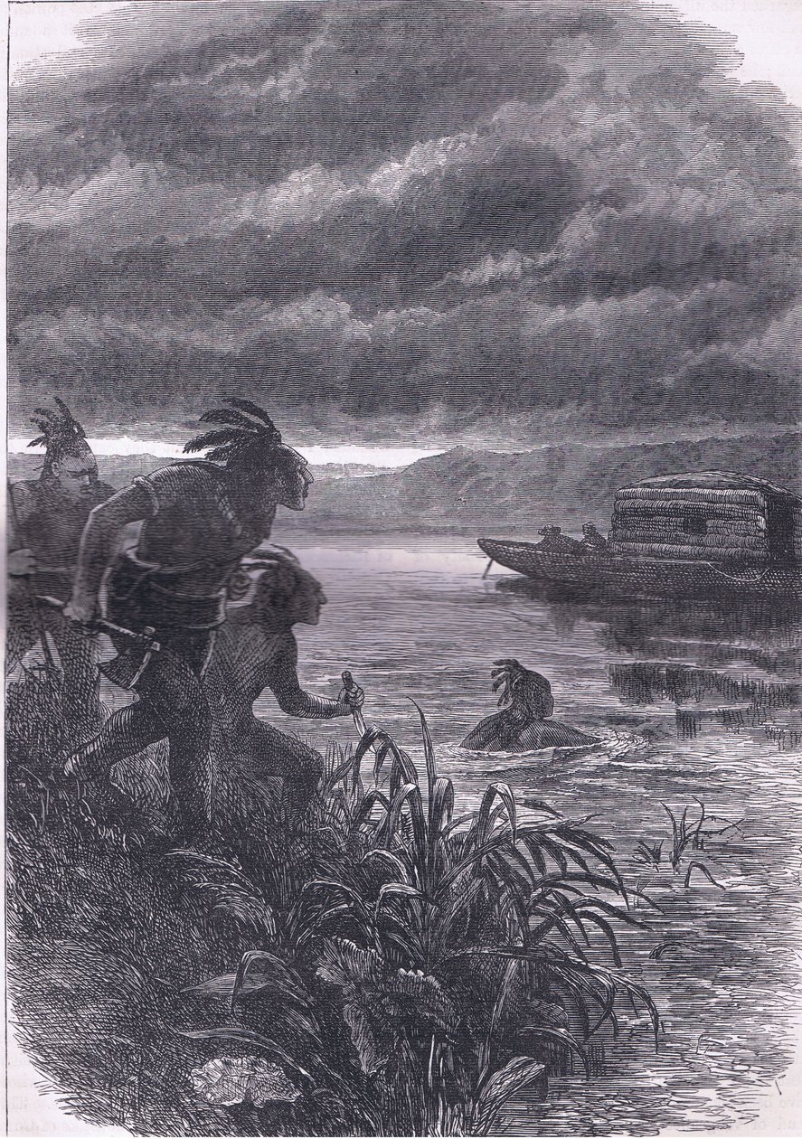 Handlarze z Ohio zaatakowani przez dzikusów, ilustracja z Cassells History of the United States wydana przez Cassell, Petter & Galpin, ok. 1900 (lito) autorstwa American English school
