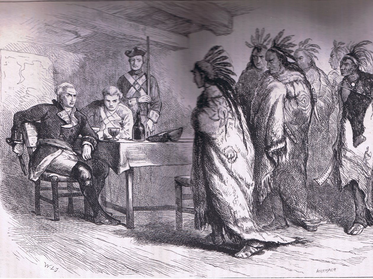 Wizyta Pontiaca i Indian u majora Gladwina 1763, ilustracja z Cassells History of the United States wydana przez Cassell, Petter & Galpin, c.1900 (litografia) autorstwa American English school