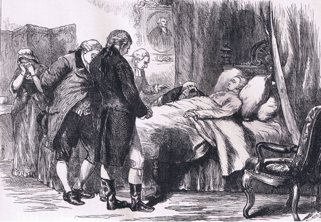 Waszyngton na łożu śmierci, ilustracja z Cassells History of the United States wydanej przez Cassell, Petter & Galpin, c.1900 (litografia) autorstwa American English school