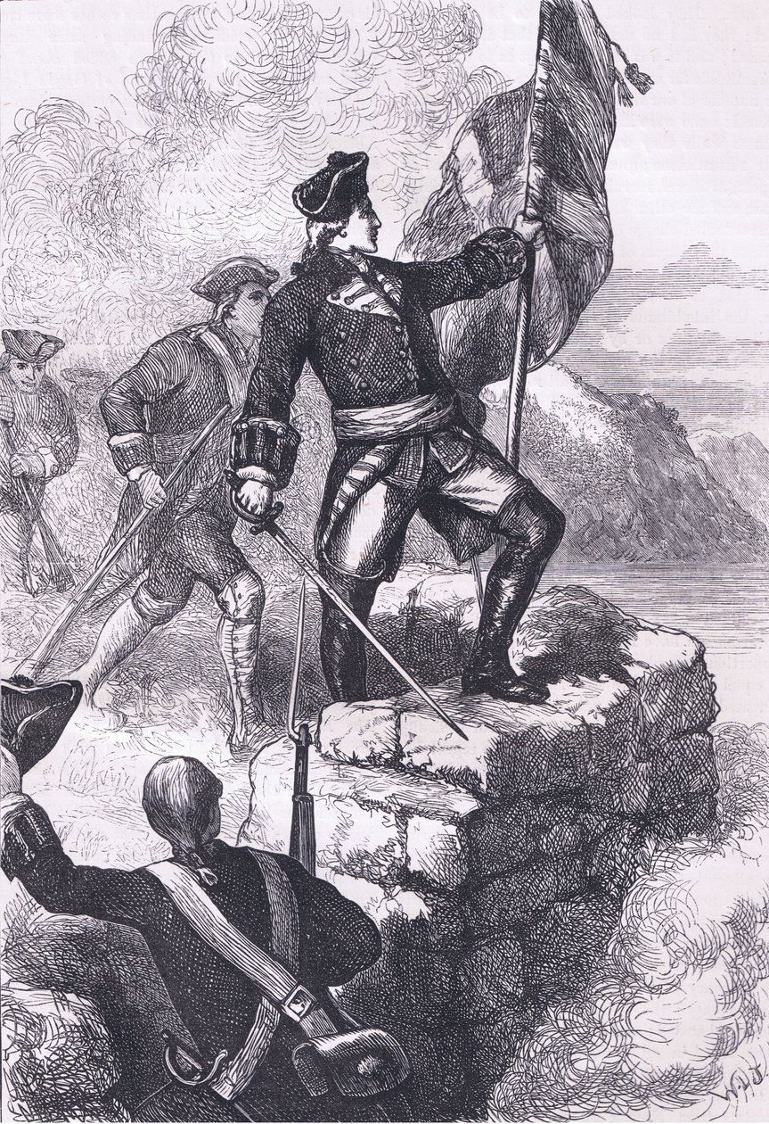Waszyngton podbija brytyjską flagę w Fort Duquesne, ilustracja z Cassells History of the United States wydanej przez Cassell, Petter & Galpin, c.1900 (litho) autorstwa American English school