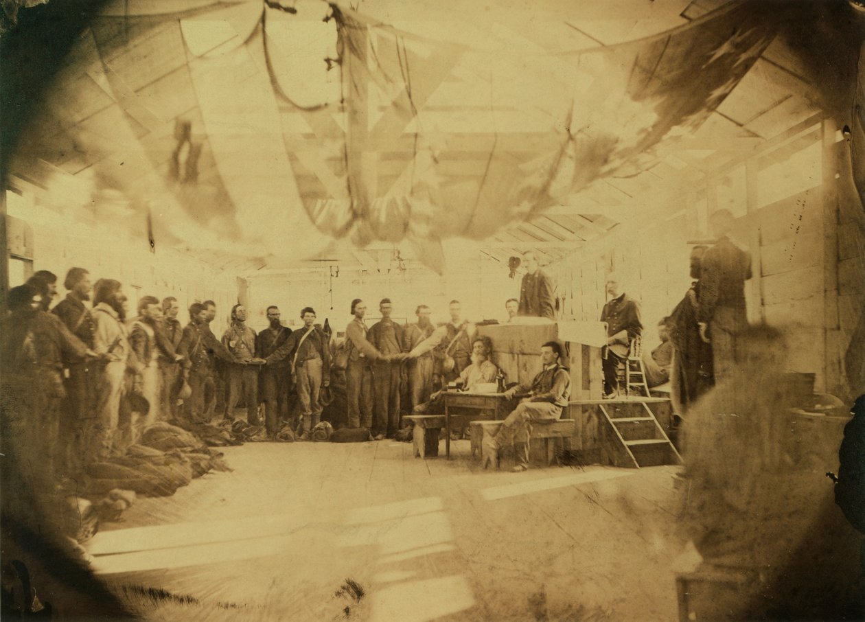 Złożenie przysięgi wierności jeńcom konfederatów, Point Lookout, Maryland, 30 czerwca 1865 (druk w sepii) autorstwa American Photographer