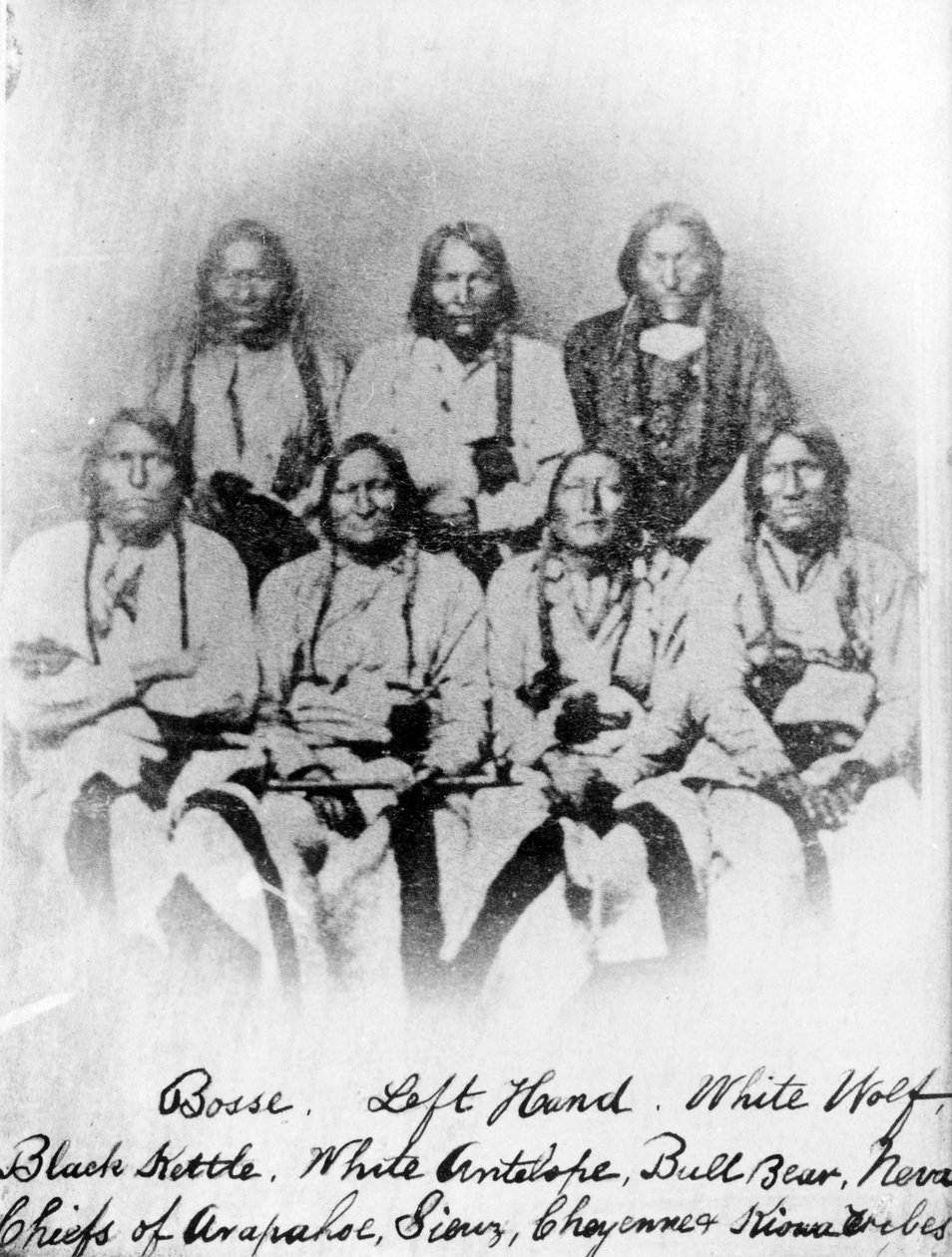 Bose, Lewa Ręka, Biały Wilk, Czarny Czajnik, Biała Antylopa, Byk Niedźwiedź, Neva: wodzowie plemion Arapahoe, Siuksów, Cheyenne i Kiowa, ok. 1860-68 autorstwa American Photographer