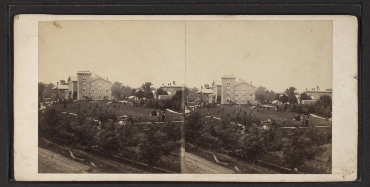 Budynek i tereny, społeczność Oneida, stan Nowy Jork, ok. 1870 (zdjęcie czarno-białe) autorstwa American Photographer