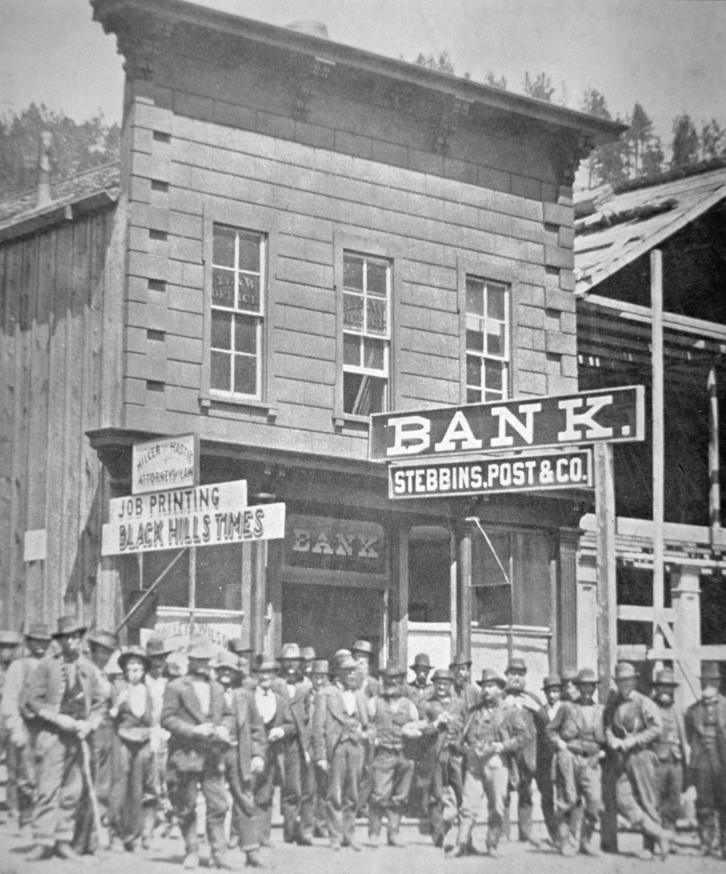 Gold Miners w Deadwood City, Południowa Dakota, ok. 1877 (zdjęcie czarno-białe) autorstwa American Photographer
