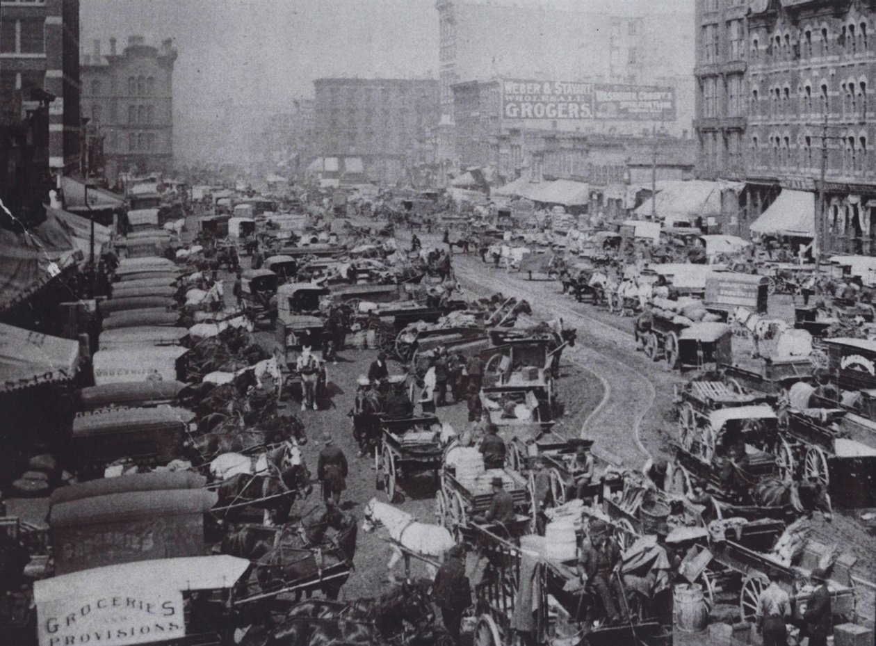 Haymarket Square pełen powozów konnych, Chicago autorstwa American Photographer