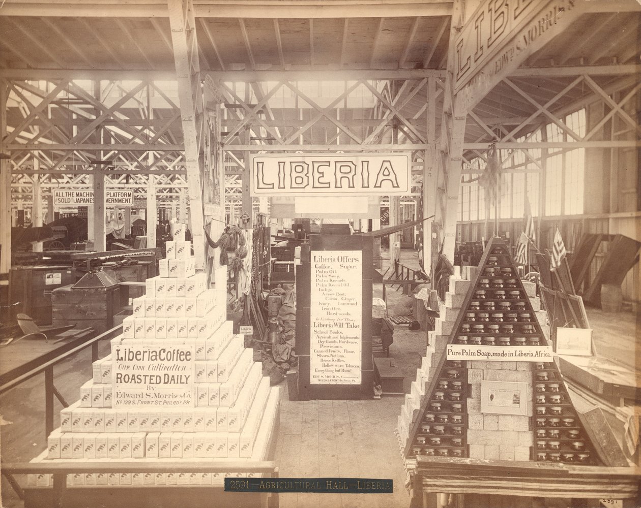 Wystawa mydła i kawy w Liberii, Hala Rolnicza, Wystawa Stulecia w Filadelfii, 1876 (druk albumowy) autorstwa American Photographer
